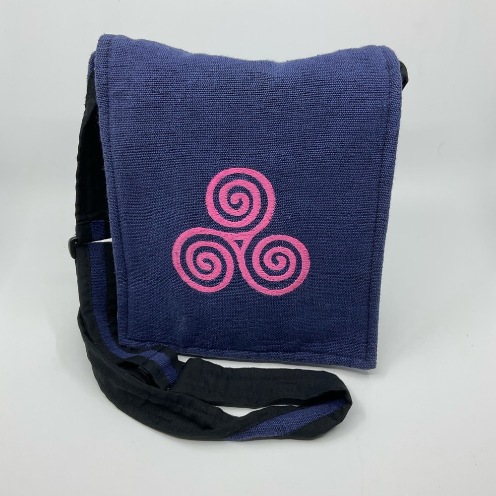 Celtic Creations | Triskelion Embroidered Cotton Crossbody | Blue & Pink